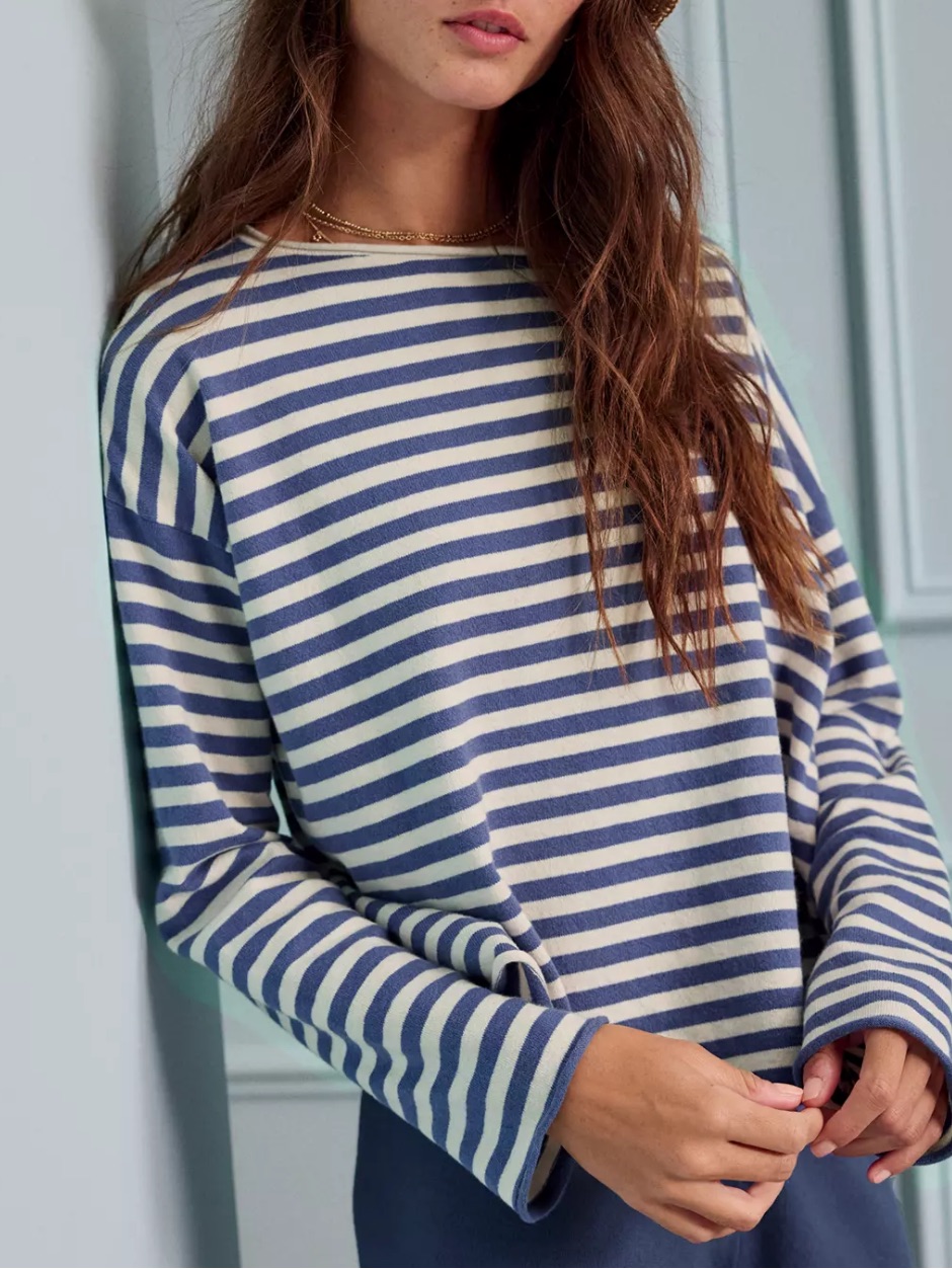 Aerie Sunday Soft Boatneck Sweater In Marbled Blue Striped